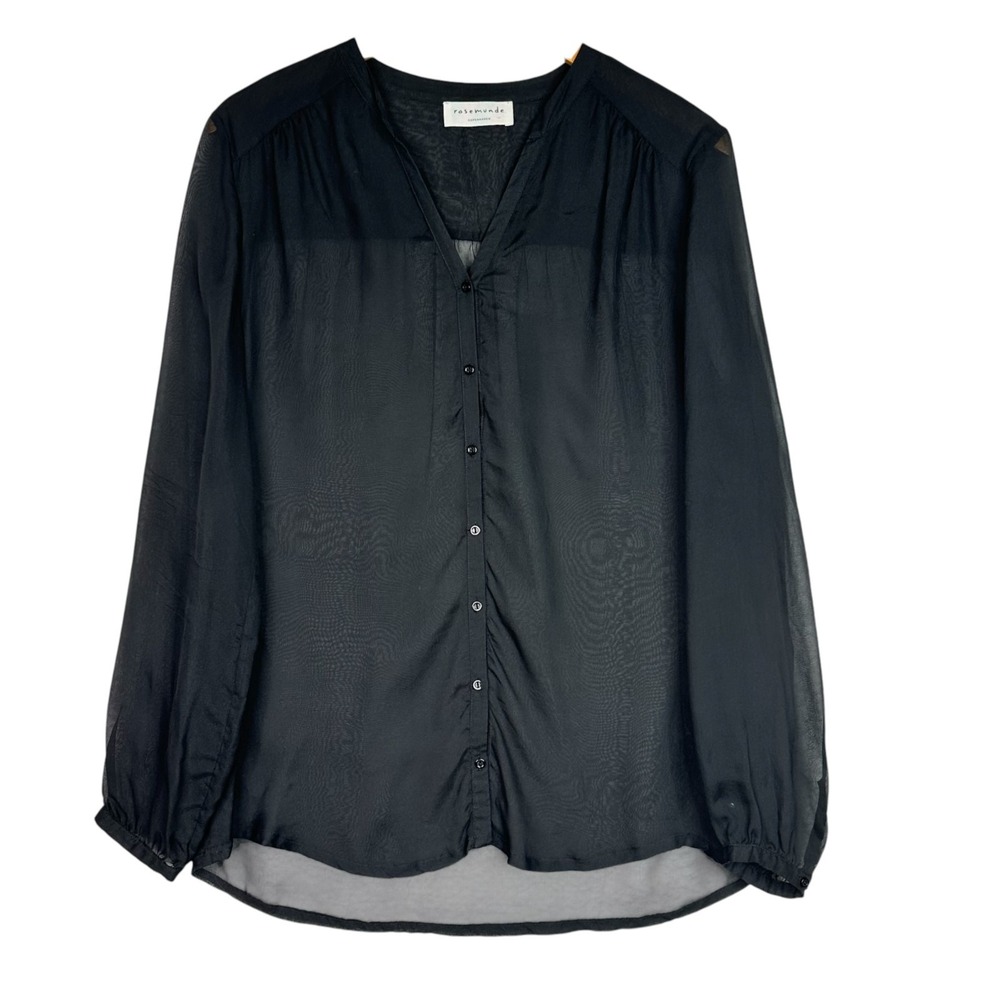 Rosemunde Copenhagen Silk Blouse Womens 42 US 10 Black Sheer Button Front V Neck